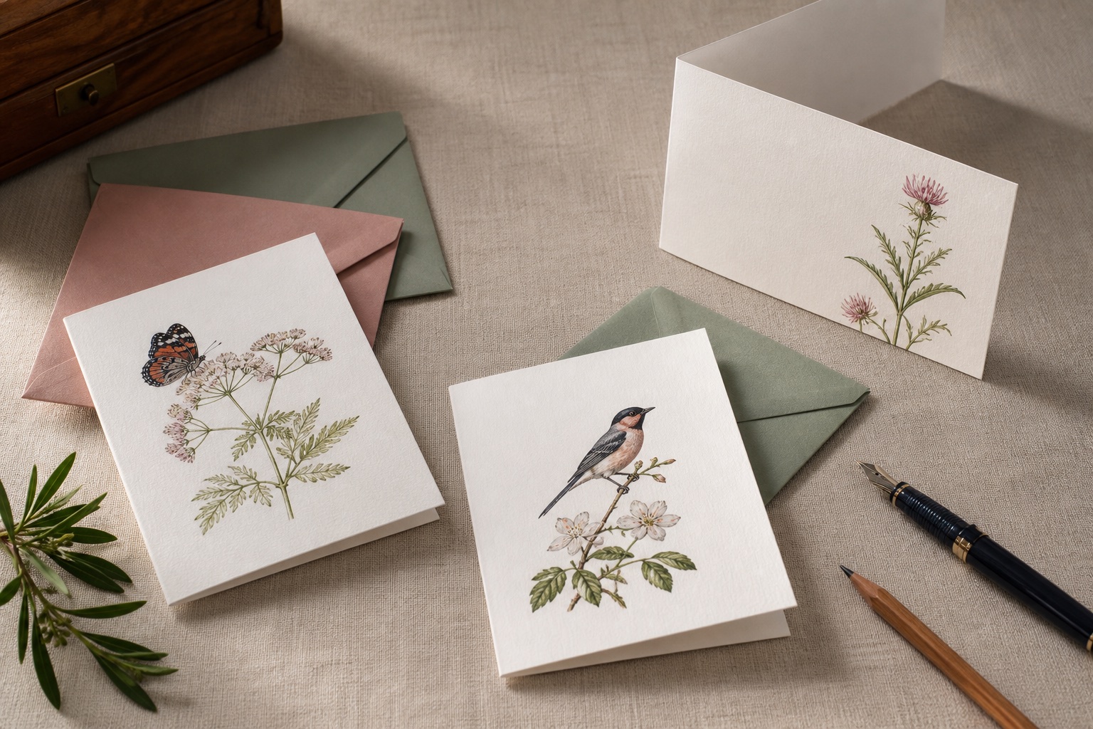Premium cotton greeting cards and envelopes arranged on a writing desk