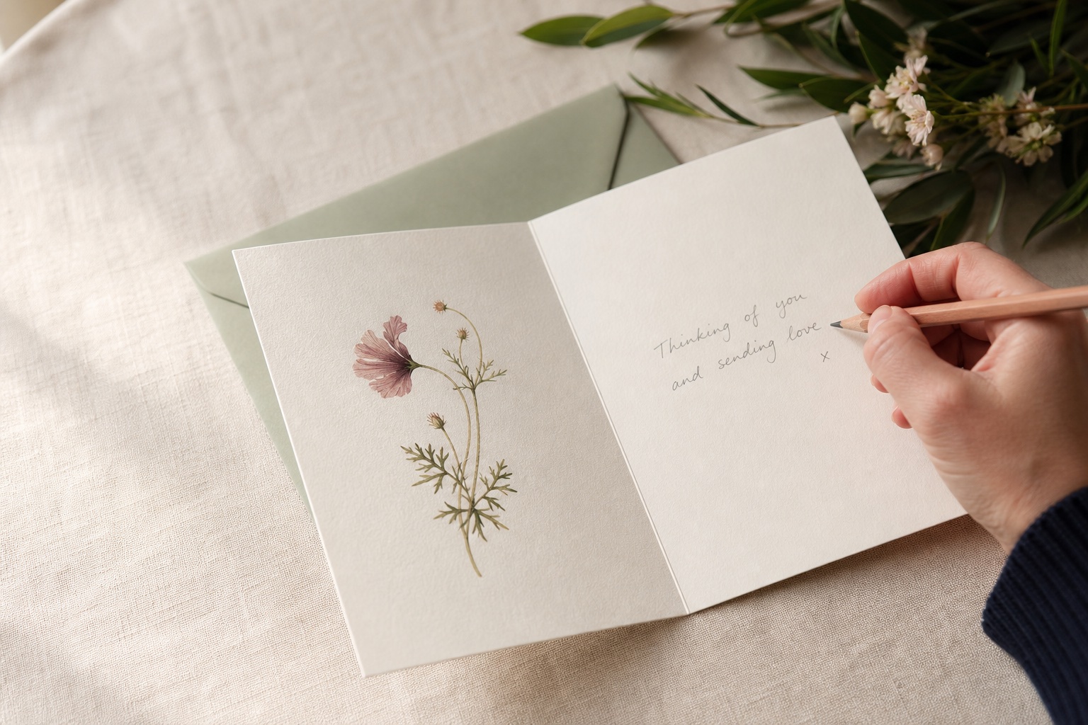A hand writing a personal note inside a thick cotton greeting card on a linen desk